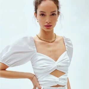 Reformation White Twist Front Puff Sleeve Crop Top